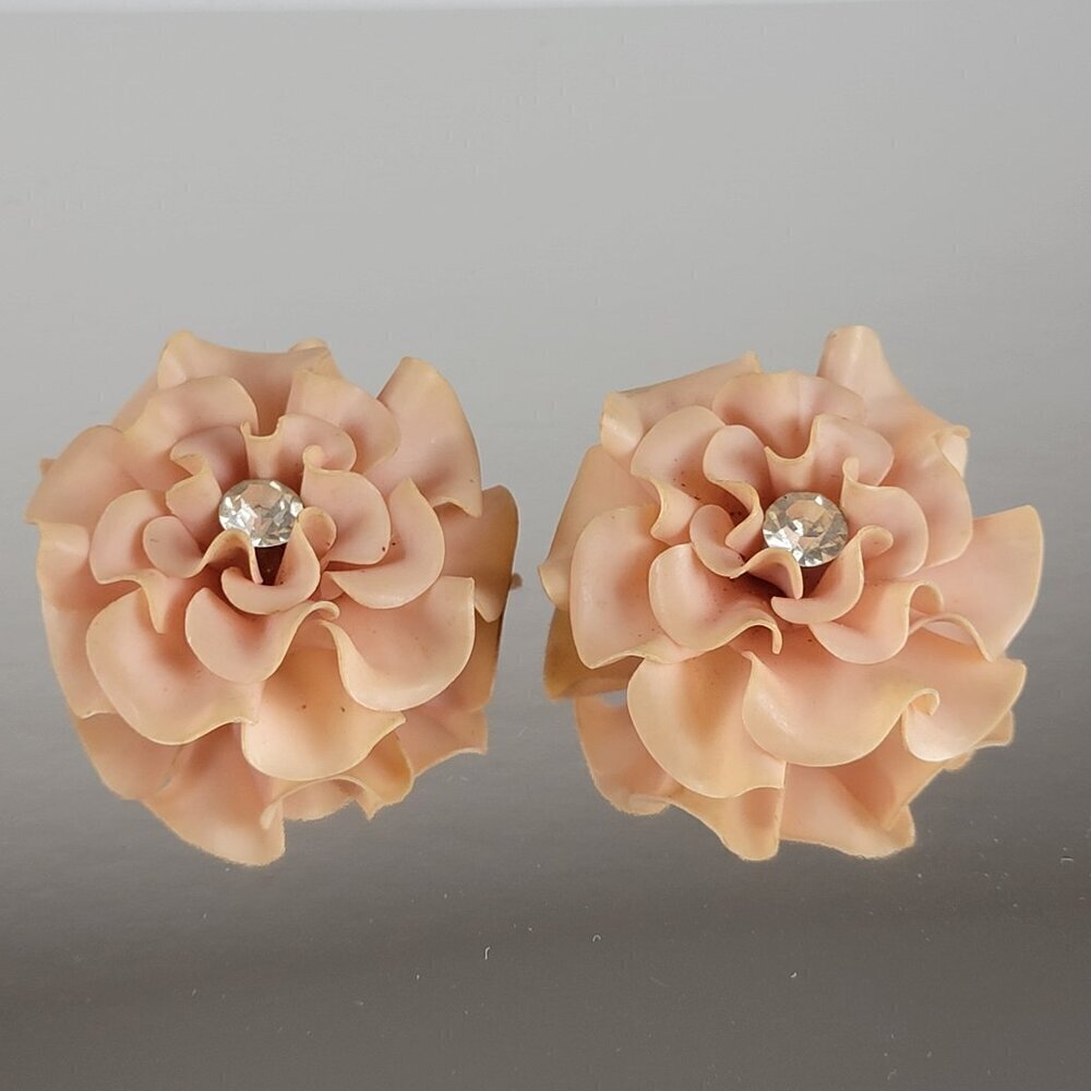 Vtg. Western Germany Clear Rhinestone Peach Color Flower Clip-On Earrings 2"